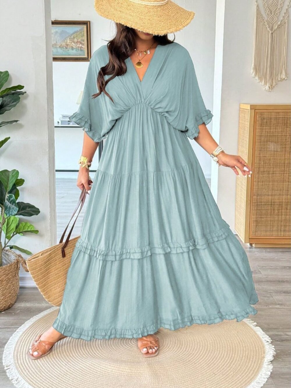 Blue Casual Women's Plus Size French Style Romantic Ruffle Trim Dress - Picture 4 of 7